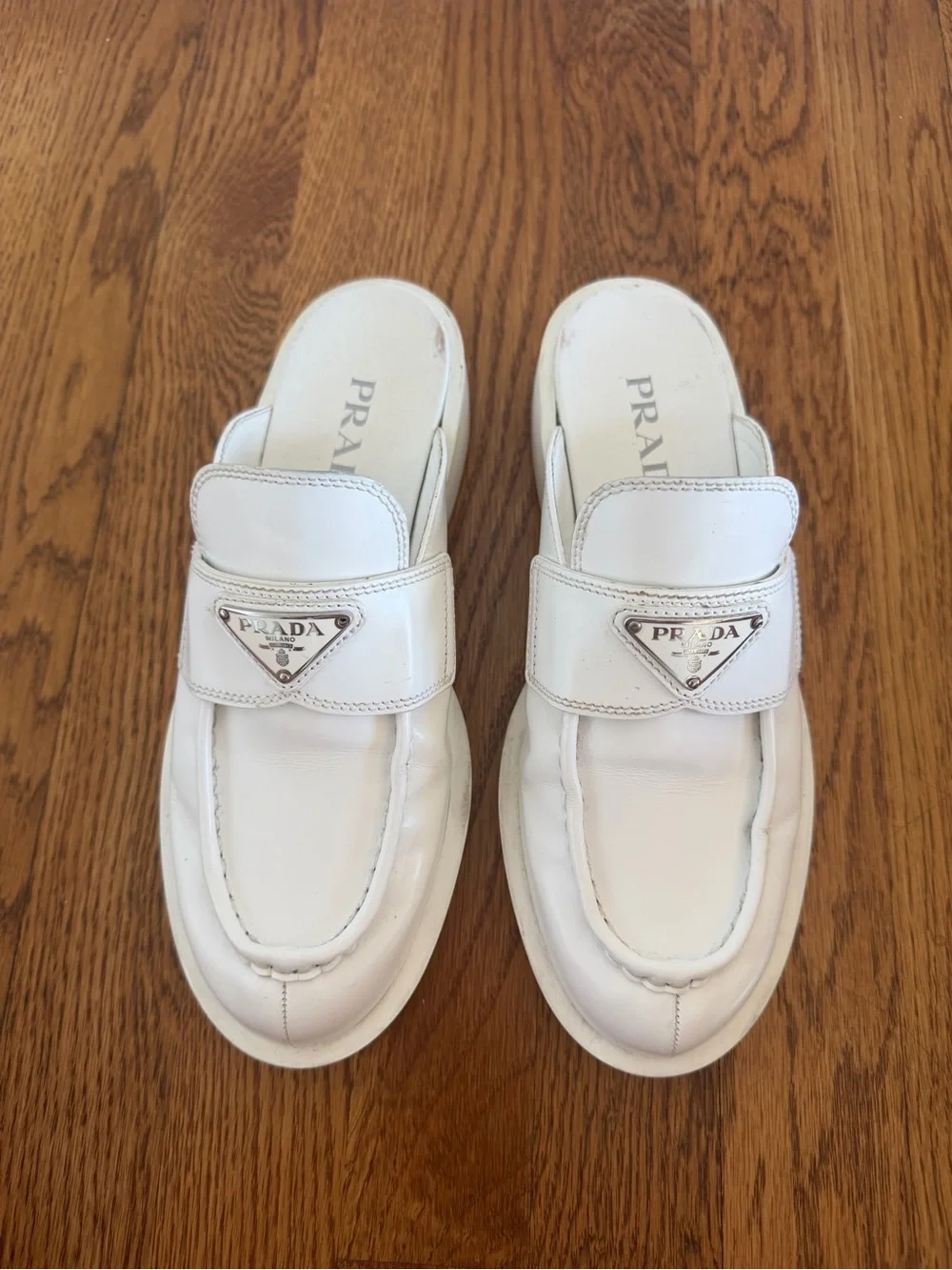 Prada White Triangle Logo Slip-On Loafers, size 38 - Picture 5 of 8
